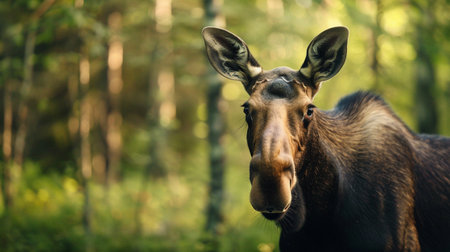 A serene close-up of a moose standing in a lush forest, showcasing its unique features and natural beauty, surrounded by vibrant greenery and soft lighting.の素材