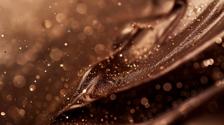 Close-up of rich melted chocolate featuring an enticing glossy texture with sparkling particles, creating an inviting and luxurious feel for culinary delights.の素材