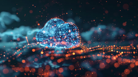 Explore a striking digital cloud concept featuring vibrant colors and intricate data visualization elements, symbolizing innovation in technology and connectivity.の素材