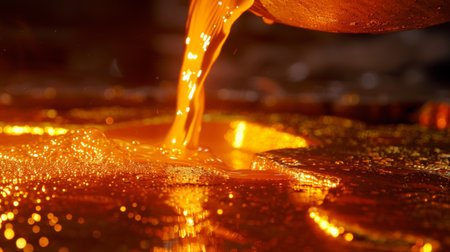 A closeup shot capturing the mesmerizing flow of molten gold, radiating warmth and luster as it pours from a container, showcasing exquisite craftsmanship and artistry.の素材