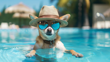 A playful dog relaxing in a vibrant blue swimming pool wearing a stylish hat and sunglasses. This image captures the essence of summer fun and relaxation.の素材