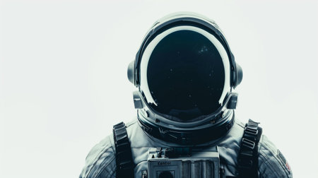 An astronaut stands against a stark white background, featuring a helmet with a reflective visor. This image evokes themes of exploration and the vast unknown of space.の素材