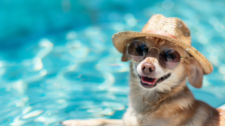This cheerful dog relaxes in a pool wearing stylish sunglasses and a straw hat, enjoying a sunny day. Perfect for summer themes and pet lovers.の素材