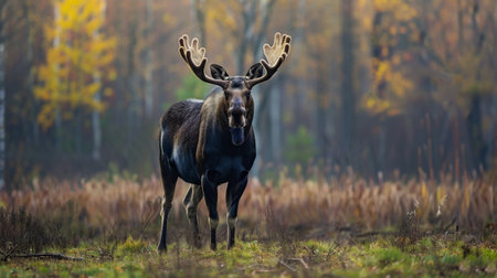 A majestic moose stands gracefully in an autumn forest, showcasing its impressive antlers. The serene environment is highlighted by vibrant foliage and soft lighting.の素材
