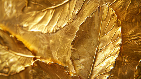 Stunning close-up of golden leaf texture showcasing intricate details and a luxurious metallic finish, perfect for designs focused on elegance and nature.の素材