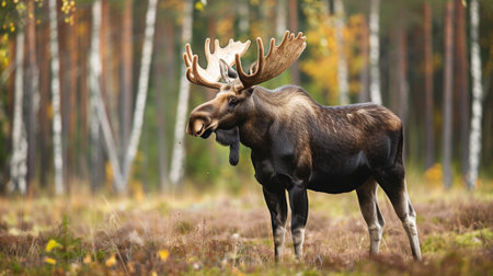 A majestic moose stands gracefully in an autumn forest, surrounded by vibrant foliage and tall trees, showcasing the beauty of wildlife in its natural habitat.の素材