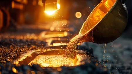 Experience the dynamic moment of molten metal being poured into molds at a foundry. The glowing liquid showcases the intricate metal casting process in action.の素材