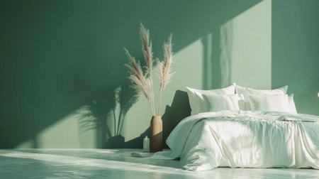 A serene modern bedroom featuring soothing green walls, elegant bedding, and a stylish plant centerpiece, inviting relaxation and peace.の素材