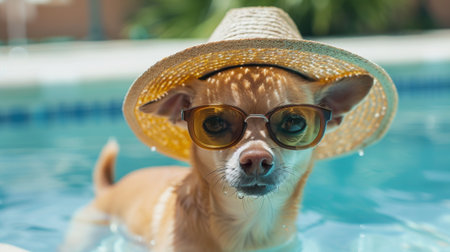 A charming chihuahua wearing sunglasses and a hat enjoys a refreshing swim in the pool, epitomizing summer fun and relaxation. Perfect for pet lovers.の素材