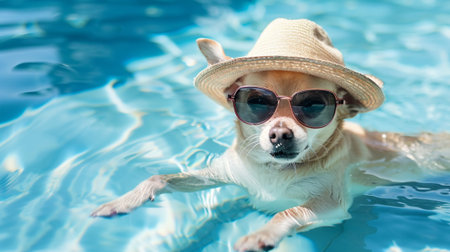 A charming dog wearing stylish sunglasses and a straw hat enjoys a refreshing swim in a blue pool, radiating happiness and carefree summer vibes.の素材