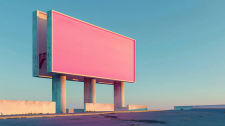 A strikingly vibrant pink billboard stands against a clear blue sky, showcasing a sense of minimalism and emptiness. Ideal for creative advertising concepts.の素材
