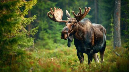 A moose stands gracefully in a vibrant green forest, showcasing its impressive antlers. This serene wildlife scene captures the essence of nature and tranquility.の素材