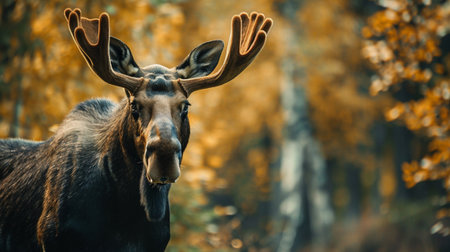 A close-up portrait of a majestic moose set against a vibrant autumn forest, showcasing its impressive antlers and serene expression amid golden leaves.の素材