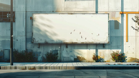 An empty urban billboard mounted on a weathered concrete wall, surrounded by greenery and sunlight, creating an atmospheric city scene perfect for showcasing blank advertisement opportunities.の素材