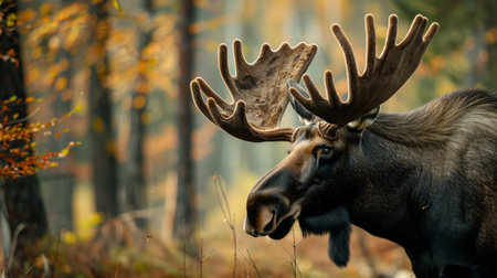 A majestic moose stands gracefully in an autumn forest, showcasing vibrant foliage. The serene atmosphere highlights the beauty of wildlife in its natural habitat.の素材