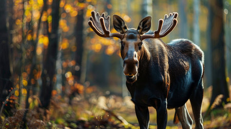 A striking moose stands confidently in a serene autumn forest, surrounded by colorful foliage and dappled sunlight, creating a tranquil wildlife atmosphere.の素材