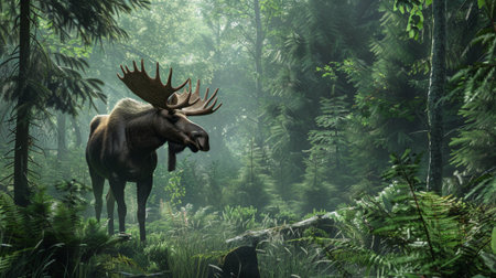 A majestic moose stands gracefully in a lush green forest, surrounded by vibrant foliage and sunlight filtering through the trees, showcasing nature's beauty.の素材