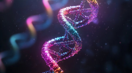 A mesmerizing illustration of a colorful DNA helix surrounded by sparkling effects against a dark background, showcasing the beauty of molecular biology and genetics.の素材