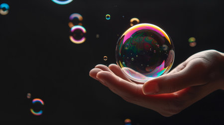 A close-up of a hand gently holding a vibrant soap bubble, surrounded by smaller floating bubbles. The image captures the beauty of light and color with a dark background.の素材