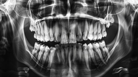 High-resolution x-ray image of a human skull showcasing teeth and jaw structure. Ideal for medical, educational, and dental purposes, highlighting anatomy in detail.の素材