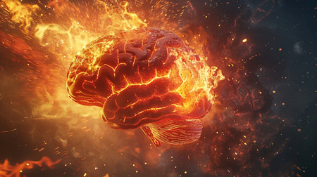 Stunning glowing brain emerges from fiery lava in a cosmic backdrop, symbolizing creativity and intelligence. Ideal for topics on imagination and science.の素材