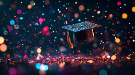 A vibrant graduation cap surrounded by a shower of colorful confetti and glitter. This image captures the joy and celebration of educational achievement, perfect for graduation themes.の素材