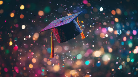 A vibrant graduation cap floats above a colorful bokeh background, capturing the excitement of achievement and celebration with sparkling confetti.の素材