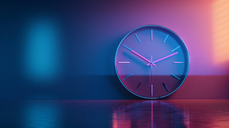 A modern clock adorned with neon lighting casts vibrant reflections on the wall, creating a striking visual ambiance perfect for contemporary interior design.の素材