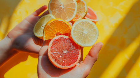 A fresh assortment of citrus fruits held in hands, featuring vibrant colors against a bright yellow background. Perfect for healthy lifestyle themes.の素材