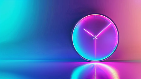 A vibrant neon clock stands against a gradient background, reflecting its colorful light on a sleek surface. Ideal for modern design and artistic themes.の素材