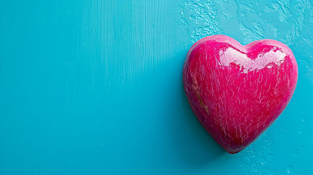 A vibrant pink heart with a glossy surface rests against a bright blue background, perfect for themes of love and celebration. Ideal for various creative projects.の素材
