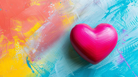 This image depicts a vibrant pink heart on a colorful abstract background, showcasing textures and brush strokes that evoke feelings of love and creativity.の素材
