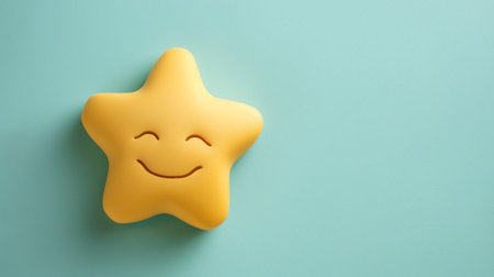 A charming yellow star shape features a smiling face against a soft blue background. This design evokes joy and playfulness, perfect for creative projects.の素材