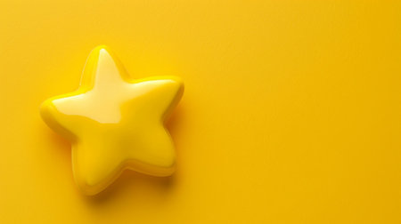 A vibrant yellow star shape with a glossy finish rests on a bold yellow background, creating a cheerful and playful atmosphere for various design projects.の素材