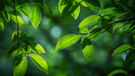 A serene depiction of green leaves illuminated by sunlight against a soft, blurry nature backdrop, showcasing vibrant colors and natural beauty.の素材