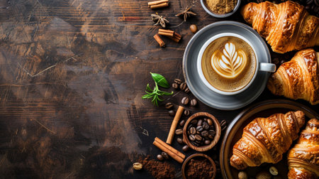 A cozy setup featuring a cup of coffee artfully designed with latte art alongside fresh croissants and spices on a weathered wooden table.の素材