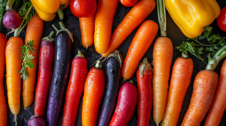 A stunning arrangement of fresh vegetables on a dark surface. The vibrant colors of carrots, bell peppers, and tomatoes create an appealing composition. Ideal for healthy eating, cooking, and culinary inspiration.の素材