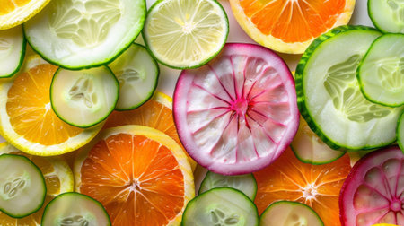 Explore a vibrant arrangement of colorful fruit and vegetable slices, showcasing fresh citrus and radish. Perfect for healthy eating and culinary inspiration.の素材