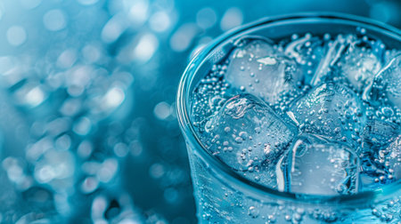A clear glass filled with sparkling water and ice cubes, showcasing beautiful bubbles against a captivating blue background, perfect for hydration and refreshment themes.の素材
