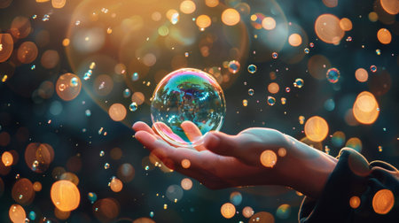 A captivating bubble rests gently in a hand, surrounded by enchanting sparkling lights. This dreamy scene evokes feelings of wonder and tranquility, perfect for creative projects.の素材