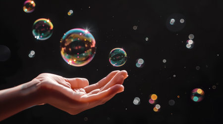 An evocative image of bubbles floating above an outstretched hand, set against a dark background. The scene captures a moment of magic and playfulness, highlighting the beauty and fragility of each bubble.の素材