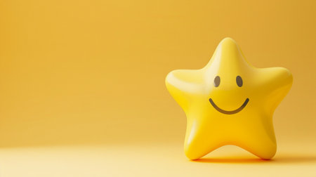 A cheerful yellow star with a smiling face on a bright yellow background, perfect for conveying happiness and joy in various creative projects.の素材