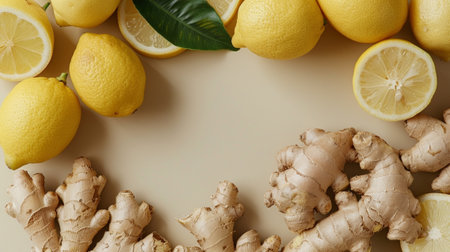 A vibrant arrangement of fresh lemons and ginger roots on a light background, showcasing natural ingredients perfect for cooking and healthy beverages.の素材