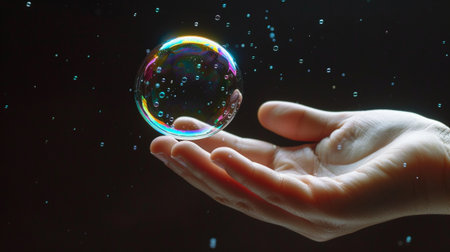 A mesmerizing soap bubble floats gracefully above an outstretched hand, capturing vibrant colors in its delicate surface, creating a serene moment.の素材