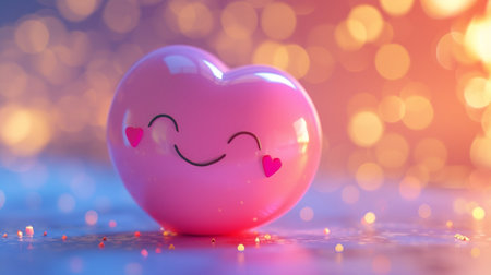 This charming pink heart character radiates joy and warmth with its smiling face against a beautiful bokeh background, perfect for conveying love and happiness.の素材