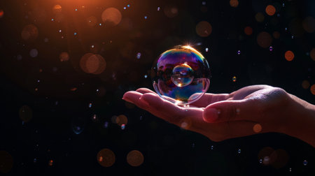 A mesmerizing soap bubble gently rests in an open hand, surrounded by a soft, colorful glow. The image captures the fragile beauty and enchanting reflections of the bubble.の素材