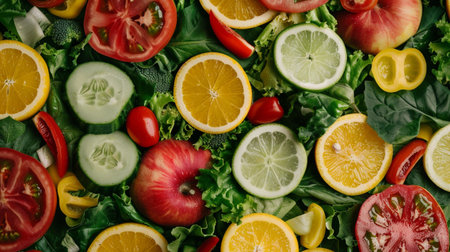 A colorful arrangement of fresh fruits and vegetables showcases slices of citrus, vibrant greens, and tomatoes, creating a healthy and appetizing display perfect for culinary inspiration.の素材