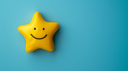 A cheerful yellow star with a smiling face against a blue background, perfect for conveying happiness and positivity. Ideal for playful designs and concepts.の素材