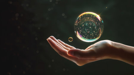 A delicate hand gently releases a vibrant soap bubble into the air, capturing a moment of beauty and playfulness with vivid colors and sparkling reflections.の素材