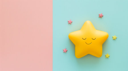 A cheerful yellow star with a smiling face sits amidst colorful stars on a pastel background, evoking feelings of joy and playfulness ideal for children's themes.の素材